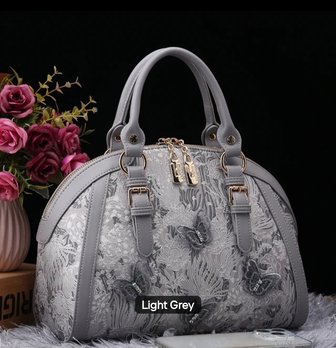 Butterfly Embroidered Dome Satchel in Light Grey