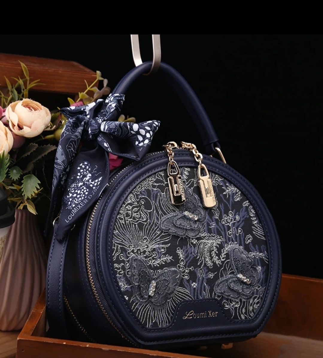 Embroidered Butterfly Round Crossbody in Midnight Navy
