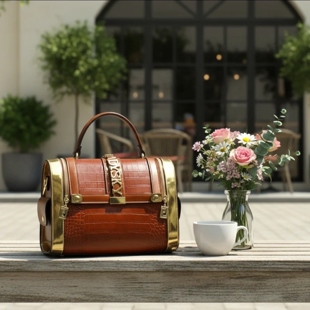 Ladysky Croc Saddle Bag in Cognac & Gold