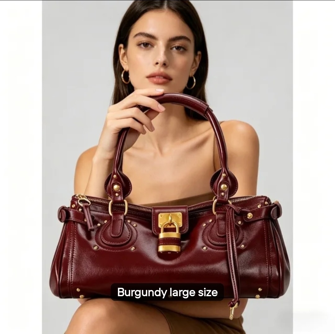 Padlock Studded Satchel in Burgundy