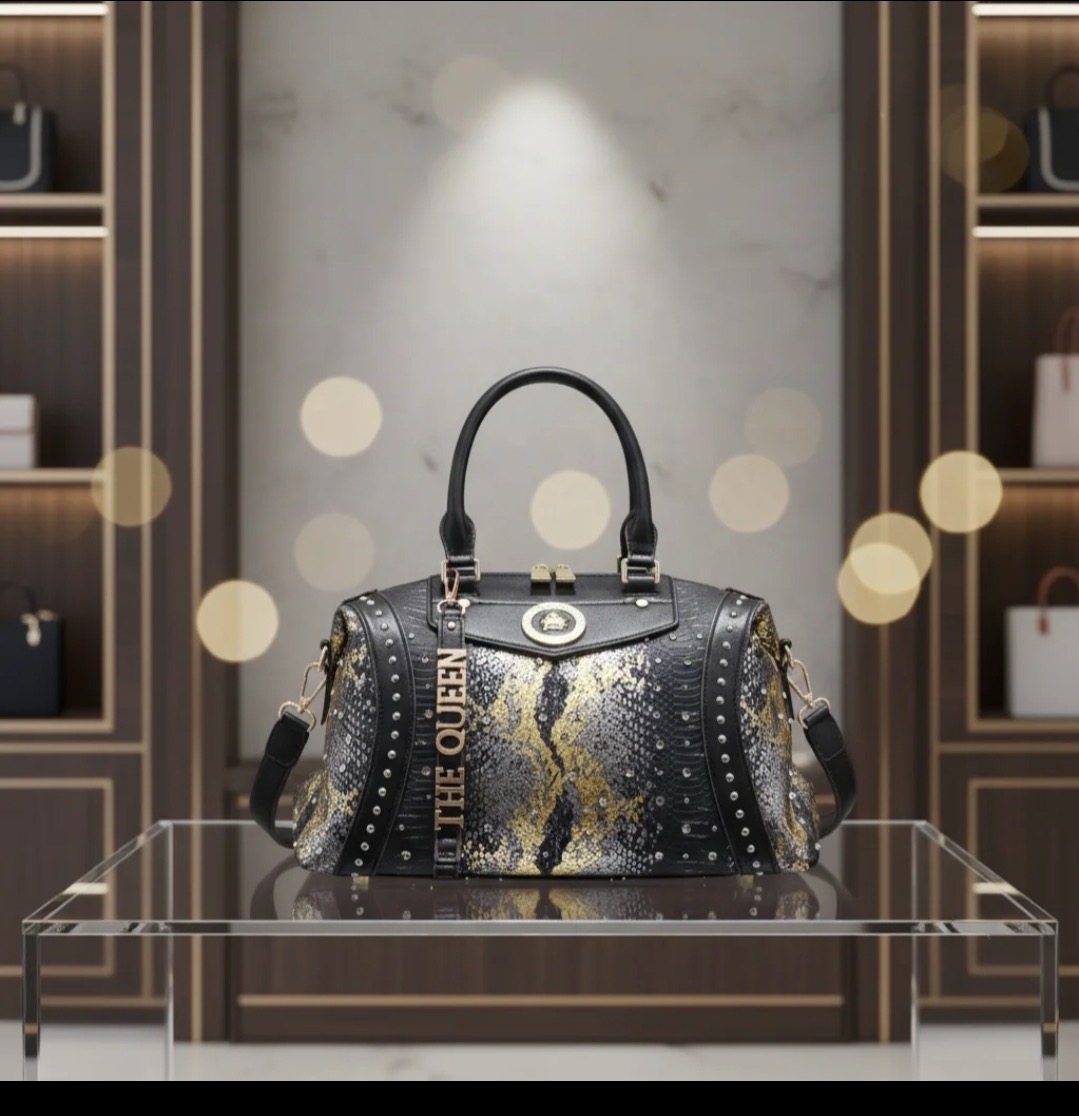 The Queen Studded Python Boston Bag in Black Gold Python