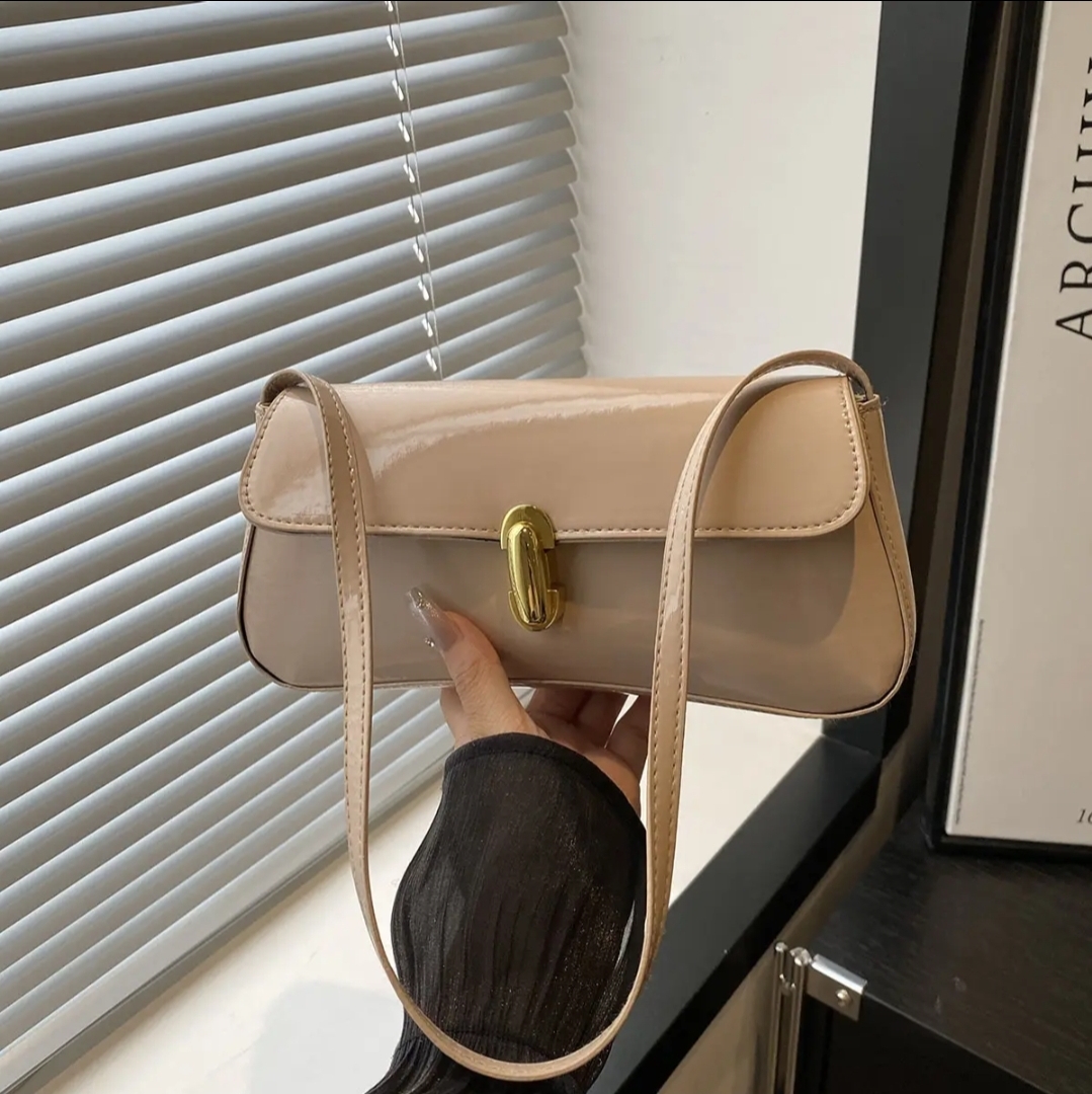 Patent Clasp Baguette Shoulder Bag in Nude